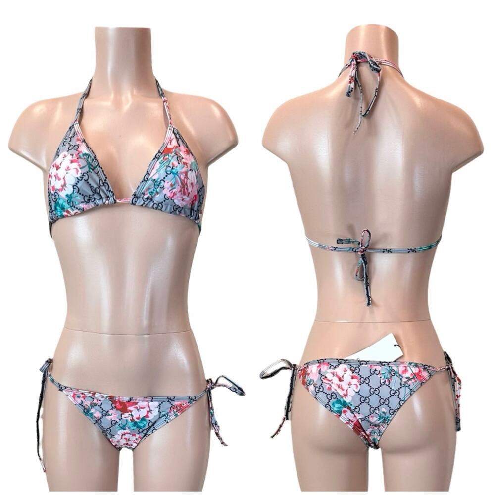 GG Floral Monogram Logo Tan & Pink Bikini SZ L